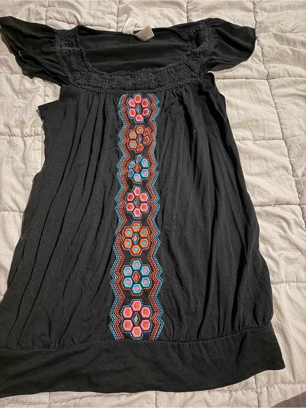 L8teR Black Tunic with Pink Orange and Blue Floral Embroidery
